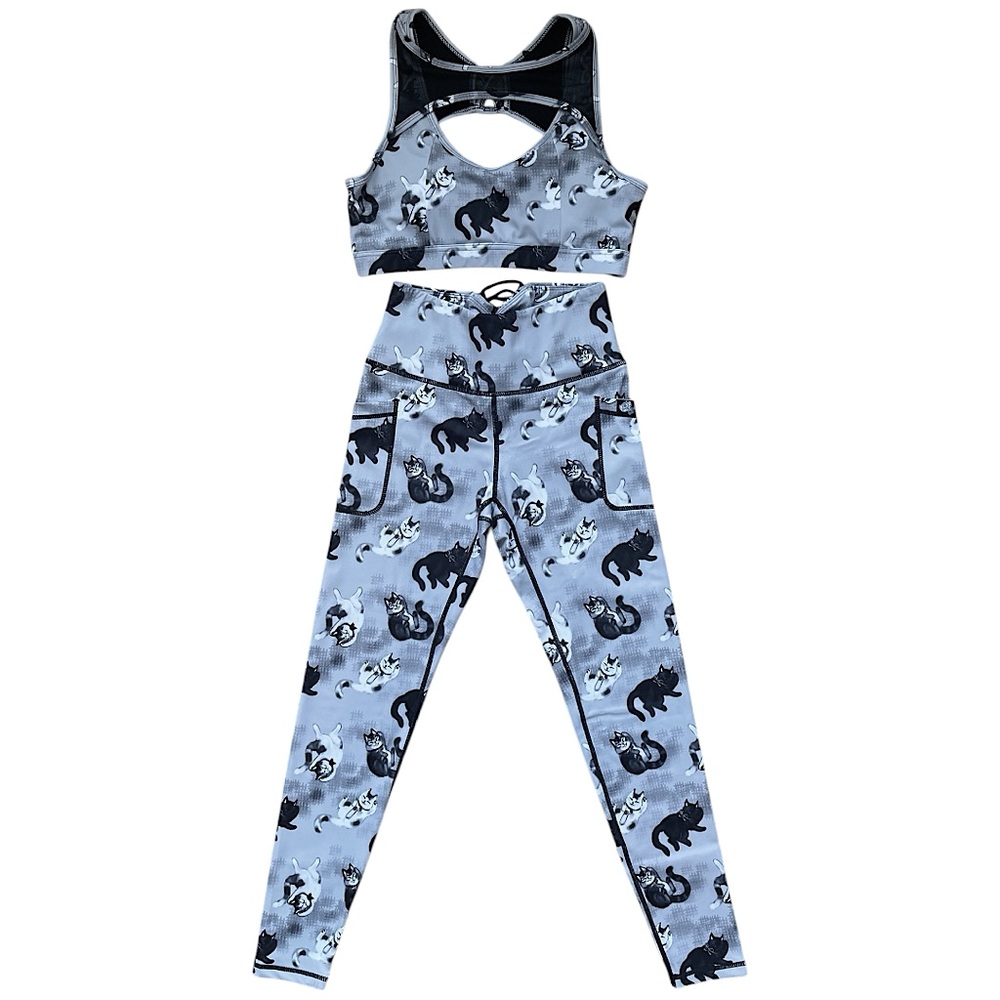 Grey & Black Cat Kitten Keyhole Sports Bra & Back Lace Up Legging Activewear Set